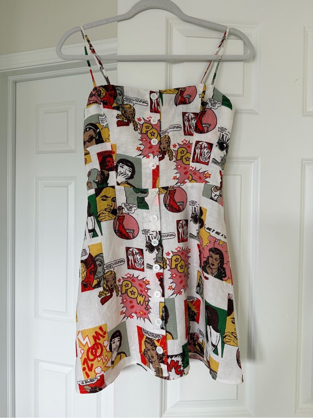 Reformation White Pop Art Button-Front Mini Dress with Multicolor Print